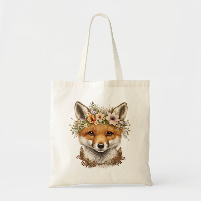 Cute Watercolor Floral Baby Fox Tote Bag (Front)
