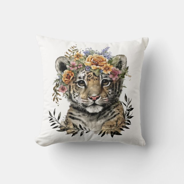Cute Watercolor Floral Baby Tiger Cushion (Front)