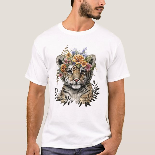 Cute Watercolor Floral Baby Tiger T-Shirt (Front)