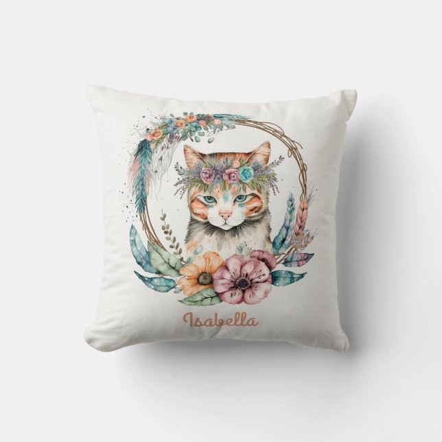 Cute Watercolor Floral Boho Cat Cushion (Front)
