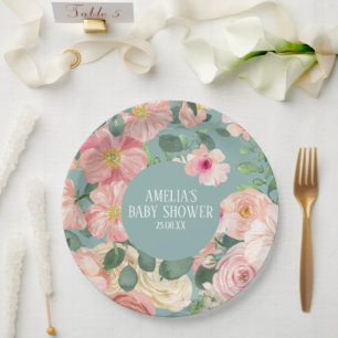 Cute watercolor floral boho chic Girl baby shower Paper Plate
