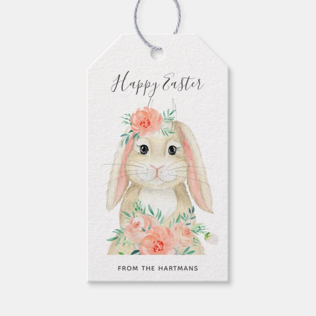 Cute Watercolor Floral Bunny Easter Name Gift Tags (Front)