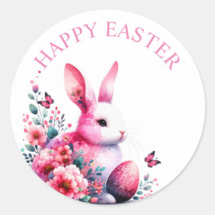 Cute Watercolor Floral Bunny Happy Easter Classic Round Sticker