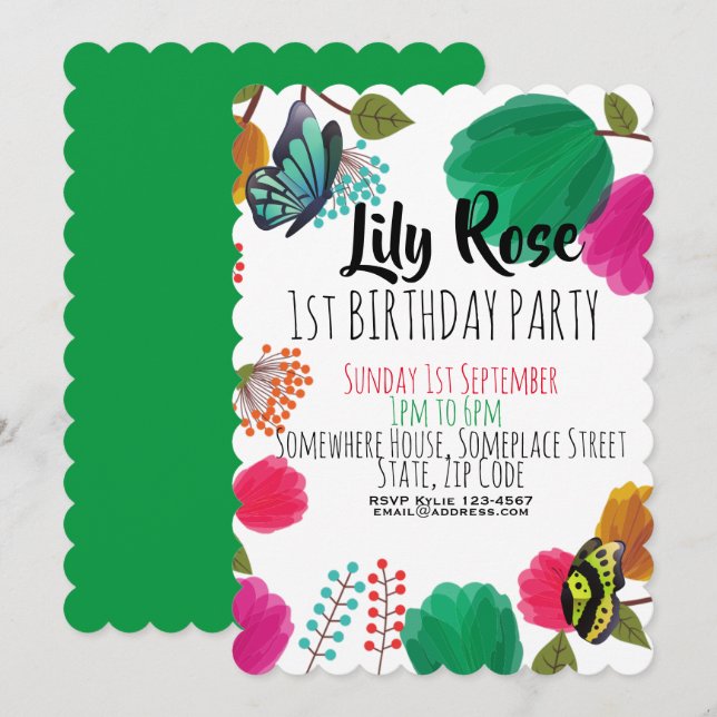 Cute Watercolor Floral Butterfly Birthday Invite (Front/Back)