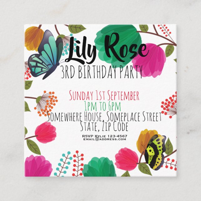 Cute Watercolor Floral Butterfly Birthday Invite (Front)