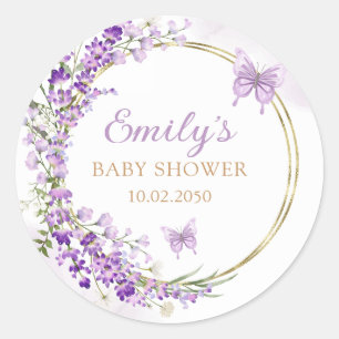 Cute Watercolor Floral Butterfly Girl Baby Shower Classic Round Sticker