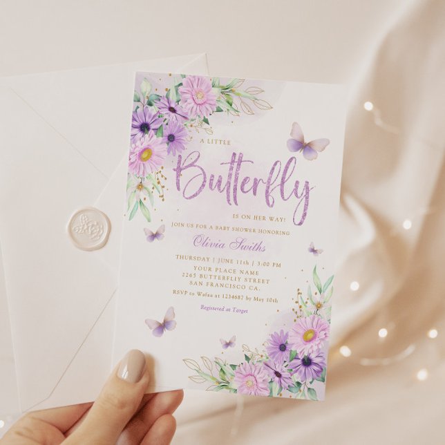 Cute Watercolor Floral Butterfly Girl Baby Shower Invitation (Creator Uploaded)