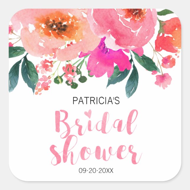 Cute Watercolor Floral Calligraphy Bridal Shower Square Sticker (Front)