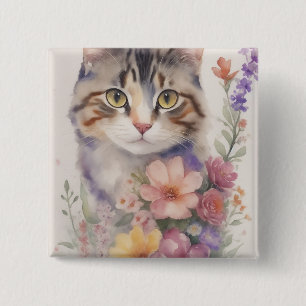 Cute Watercolor Floral Cat 15 Cm Square Badge