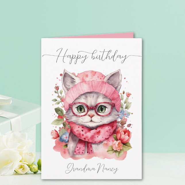 Cute Watercolor Floral Cat Grandma Happy Birthday Card (Cute Watercolor Floral Cat Grandma Happy Birthday Card)