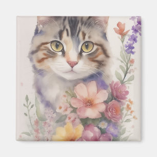 Cute Watercolor Floral Cat Magnet