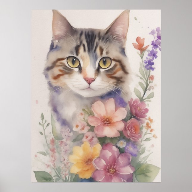 Cute Watercolor Floral Cat Poster (Front)