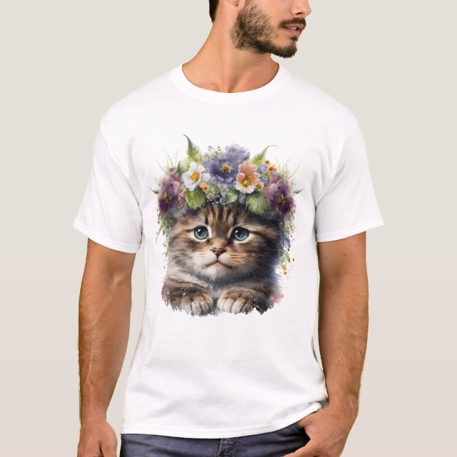 Cute Watercolor Floral Cat T-Shirt (Front)