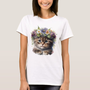 Cute Watercolor Floral Cat T-Shirt
