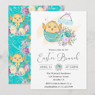 Cute Watercolor Floral Chick in Egg Easter Brunch Invitation