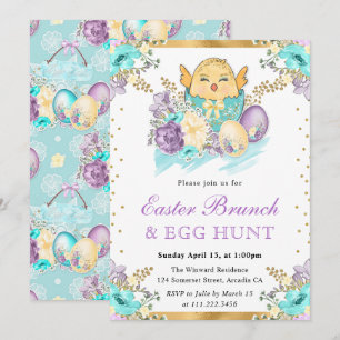 Cute Watercolor Floral Chick in Egg Easter Brunch Invitation