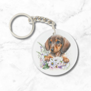 Cute Watercolor Floral Dachshund Puppy Dog Key Ring