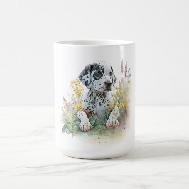 Cute Watercolor Floral Dalmatian Puppy Dog  Coffee Mug (Center)