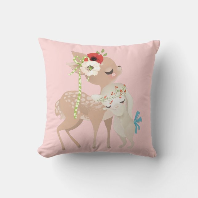 Cute Watercolor Floral Deer Bunny Rabbit | Easter Cushion (Front)