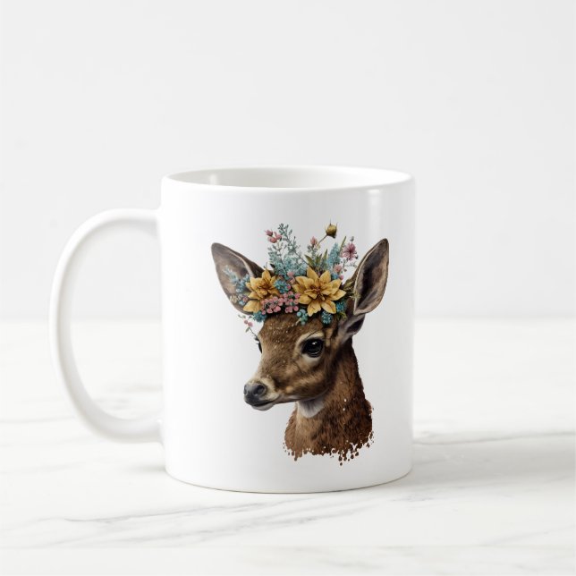 Cute Watercolor Floral Deer Coffee Mug (Left)