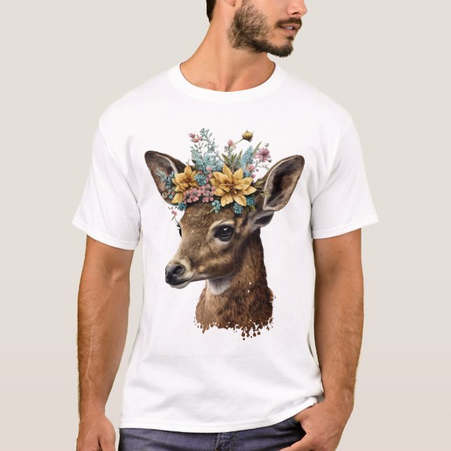 Cute Watercolor Floral Deer T-Shirt (Front)