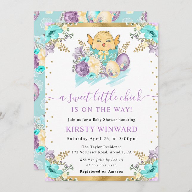 Cute Watercolor Floral Easter Chick Baby Shower Invitation (Front/Back)