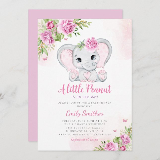 Cute Watercolor Floral Elephant Girl Baby Shower   Invitation (Front/Back)