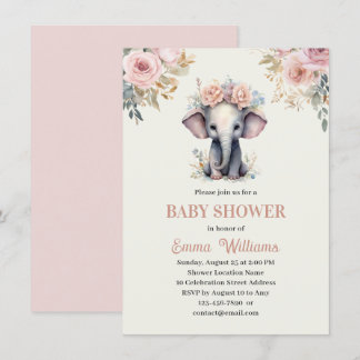 Cute Watercolor Floral Elephant Girl Baby Shower Invitation