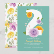 Cute Watercolor Floral Kids 2nd Birthday Party