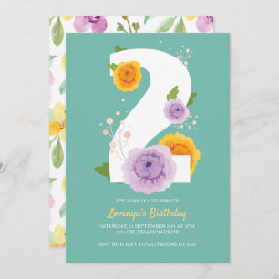 Cute Watercolor Floral Kids 2nd Birthday Party Save The Date