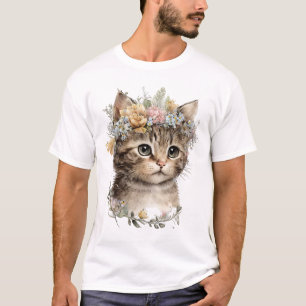 Cute Watercolor Floral Kitten T-Shirt