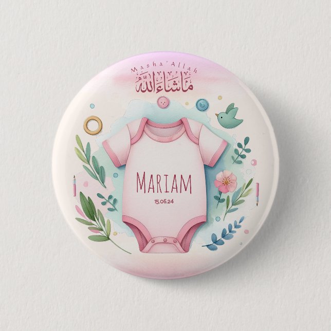 Cute Watercolor Floral Mashallah Islamic Baby Girl 6 Cm Round Badge (Front)
