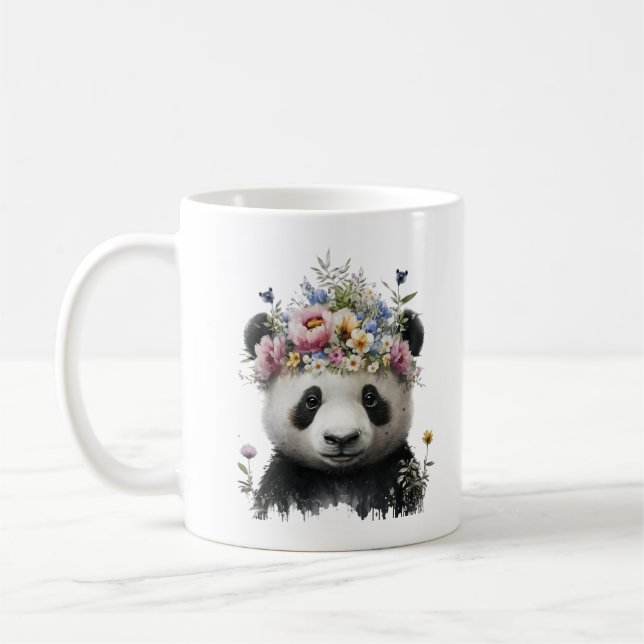 Cute Watercolor Floral Panda Coffee Mug (Left)