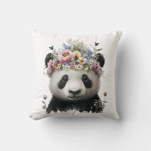 Cute Watercolor Floral Panda Cushion (Front)