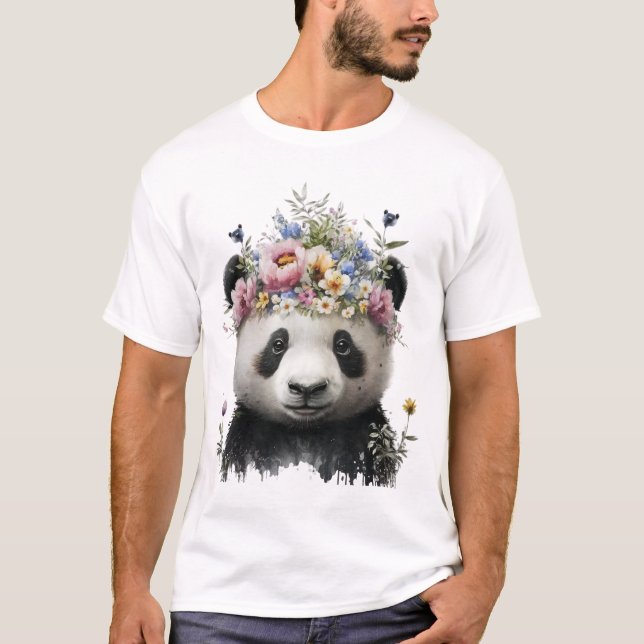 Cute Watercolor Floral Panda T-Shirt (Front)
