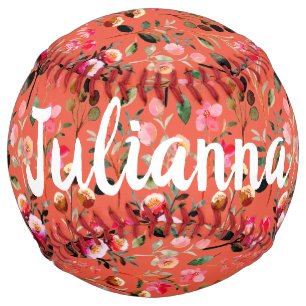 Cute Watercolor Floral Pattern Orange Personalised Softball