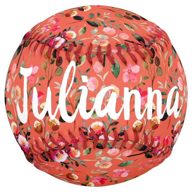 Cute Watercolor Floral Pattern Orange Personalised Softball (Front)