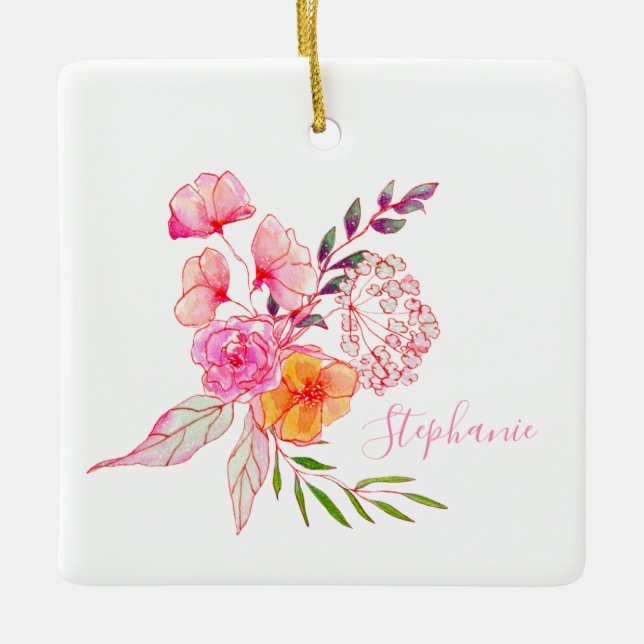 Cute Watercolor Floral Pink Typography Name Ceramic Ornament (Front)