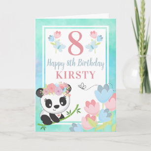Cute Watercolor Floral Spring Panda Kids Birthday  Card