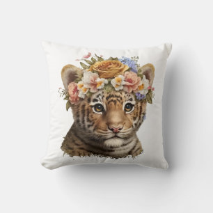 Cute Watercolor Floral Tiger Cushion