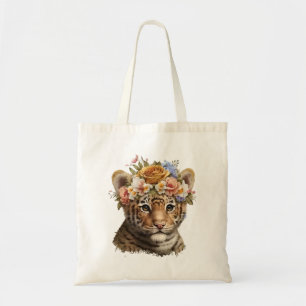 Cute Watercolor Floral Tiger Tote Bag