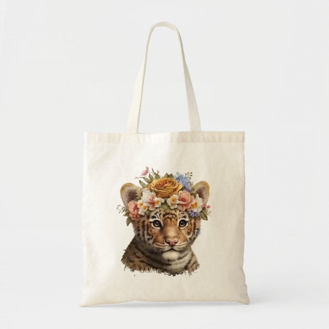 Cute Watercolor Floral Tiger Tote Bag (Front)