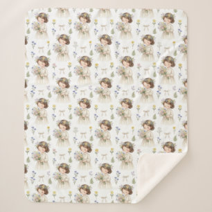 Cute Watercolor Flower Girl Pattern Baby Fleece Bl Sherpa Blanket