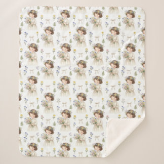 Cute Watercolor Flower Girl Pattern Baby Fleece Bl Sherpa Blanket