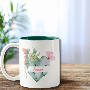 Cute Watercolor Flower Heart & Custom Script Name Two-Tone Coffee Mug
