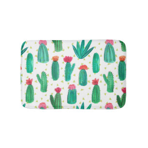 Cute Watercolor Flowering Cactus Pattern Bath Mat