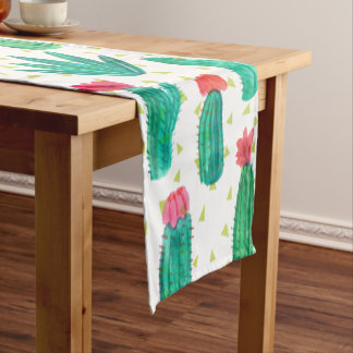 Cute Watercolor Flowering Cactus Pattern Short Table Runner