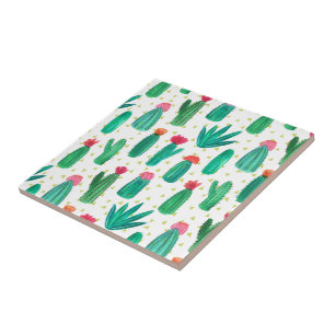 Cute Watercolor Flowering Cactus Pattern Tile