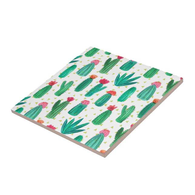 Cute Watercolor Flowering Cactus Pattern Tile (Side)