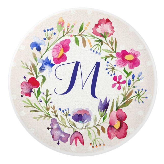 Cute Watercolor Flowers Floral Fine Monogram Ceramic Knob (Front)